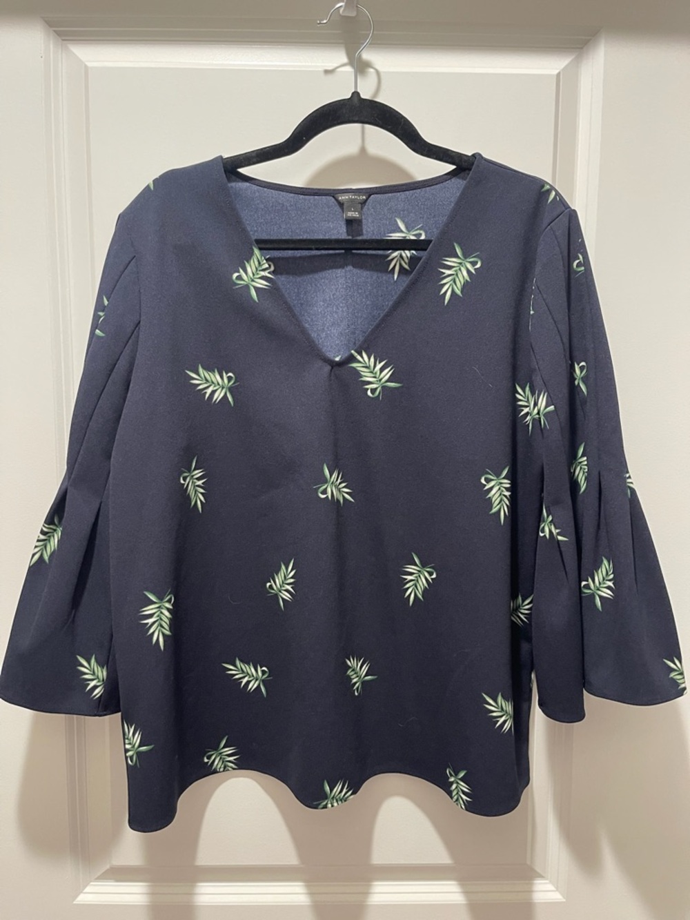 Ann Taylor Navy V-Neck Blouse with Green Leaf Print
